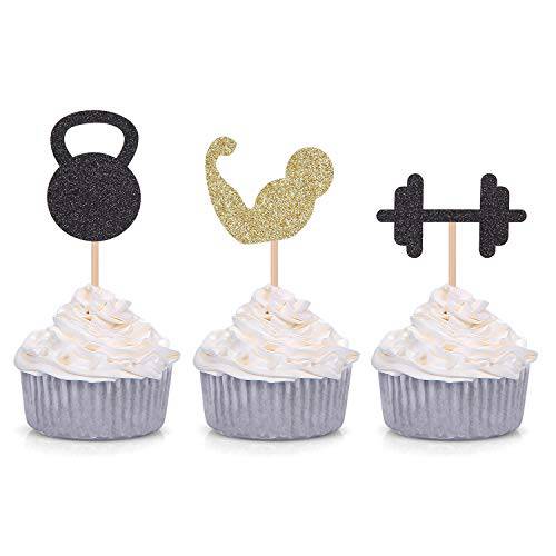3 Patterns Weight Lifting Cupcake Toppers for Gym Theme Cross Fit Party Fitness Workout Decorations (24 Counts)