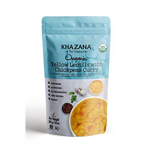 Khazana ORGANIC Ready to Eat Indian Meals (6-Pack) - Yellow Lentils w/ Chickpea Curry - 10oz Pouches | Non-GMO, Vegan, Gluten Free & Kosher | Authentic Cuisine in 90 Seconds