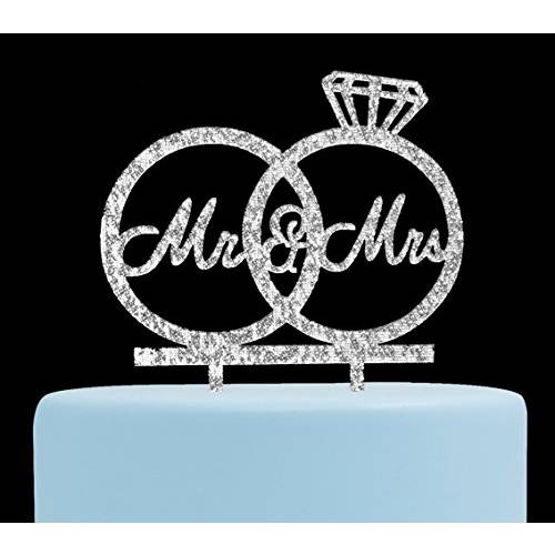 Mr & Mrs Cake Topper ,Bride and Groom Cake Topper, Wedding Anniversary Rings , Engagement Party Decorations (Silver)