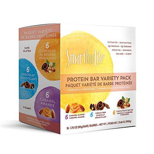 Smart for Life - High Protein, Low Sugar Bar Variety Pack, Gluten Free Caramel Almond, Chocolate & Peanut Butter Chocolate Crunchy Meal Replacement Bars â Works with Cookie Diet Non-GMO 18ct