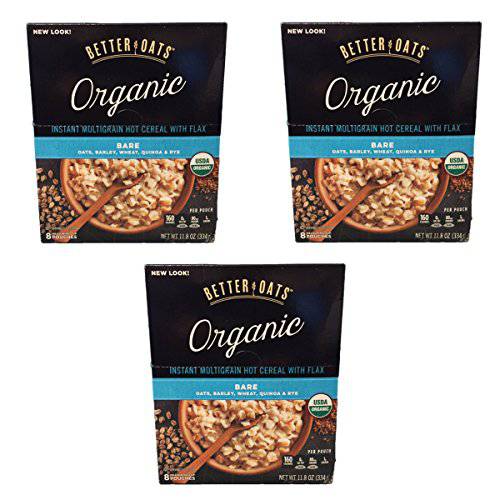 Better Oats Organic Multigrain Bare Instant Oatmeal with Flax Oats, Barley, Wheat, Quinoa and Rye - 3 Pack with 8 Measuring Cup Pouches Each