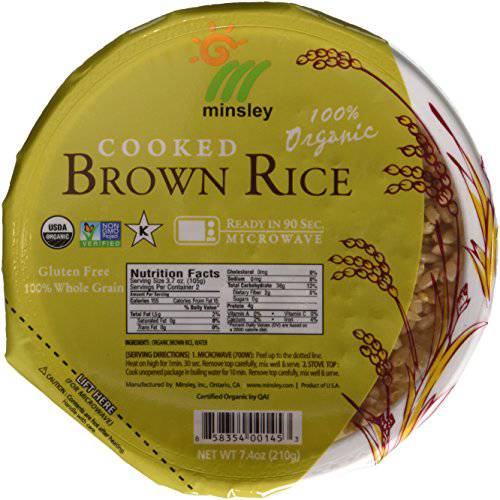 Minsley Cooked Brown Rice Bowl, 100 Percent Organic, Microwave Ready in 90 Seconds, 7.4-Ounce Bowls, Pack of 6