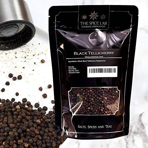 The Spice Lab Peppercorns –Tellicherry Whole Black Peppercorns for Grinder Refill - 4oz. Bag - Steam Sterilized Kosher Packed in the USA - All Natural Peppercorns - Pepper Grinder / Pepper Mill