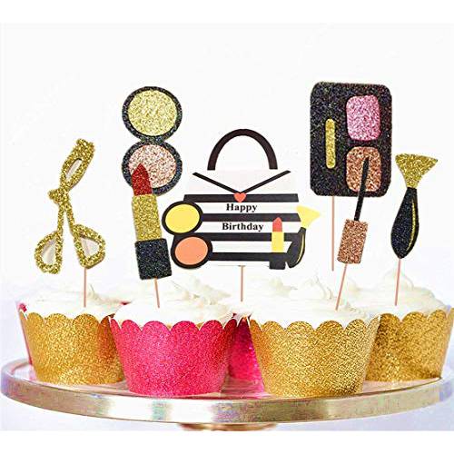 Set of 28 JeVenis Make Up Cupcake Toppers Spa Cupcake Toppers Cosmetics Cupcake Toppers for Make Up Parties Spa Party Decor Make-Up Birthday Cupcake Toppers for Salon Birthday Glam Birthday Tween Birthday Teen Birthday
