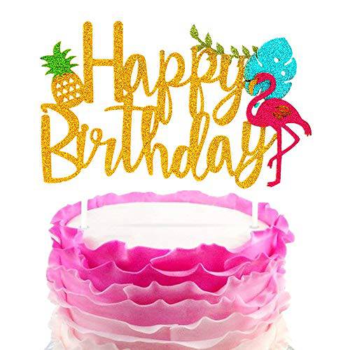 JeVenis Happy Birthday Cake Toppers Glitter Flamingo Theme Party Decoration Pineapple Cake Decoration for Tropical Hawaiian Luau Themed Party Supplies