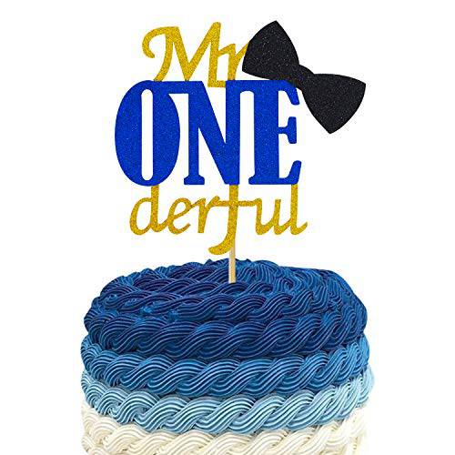 Joymee Mr Onederful Cake Topper,Double Sided 1st First Cake Decorations with Bowtie Gold Glitter Little Man Happy Birthday Handmade Ornaments