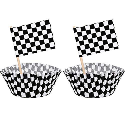 100 Pieces Checkered Flag Toothpicks Racing Flag Cupcake Topper Picks and 100 Pieces Racing Flag Cupcake Wrapper Liner Paper Baking Cup Covers for Cake Decorations