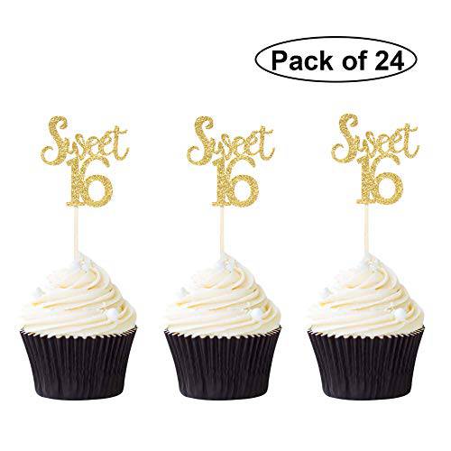 Pack of 24 Sweet 16 Cupcake Toppers Gold Glitter 16th Birthday Cupcake Picks Anniversary Party Decors