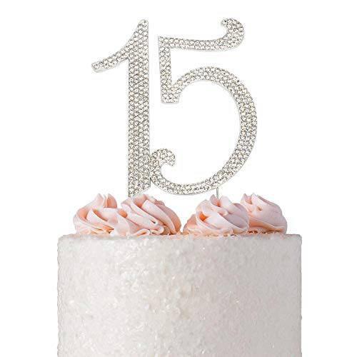 15 Cake Topper - Premium Silver Metal - 15th Birthday or Anniversary Party - Sparkly Rhinestone Quinceanera Cake Topper Decoration Makes a Great Centerpiece - Now Protected in a Box