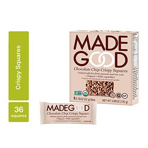MadeGood Chocolate Chip Crispy Squares, Allergy Friendly, gluten-free & Safe For School Snacks, 36 Count