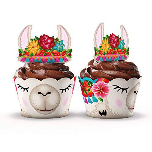 Llama Party Supplies Cupcake Toppers and Wrappers - Set of 24 - Fiesta party supplies (Llama)