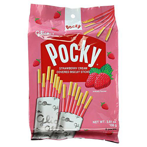 Glico Pocky, Strawberry Cream Covered Biscuit Sticks (9 Individual Bags), 3.81 oz