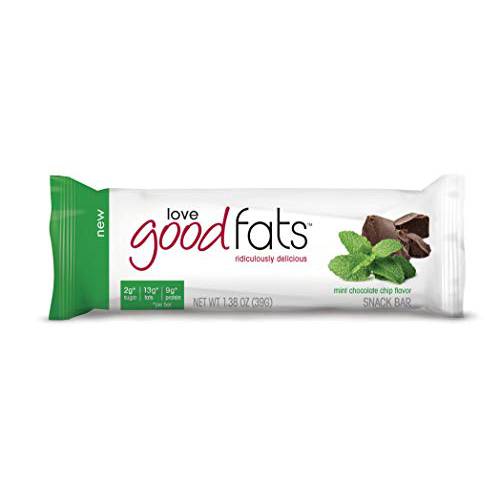 Love Good Fats Keto Protein Snack Bars - Truffle Mint Chocolate Chip - 13g Good Fats, 9g Protein, 5g Net Carbs, 2g Sugar, Gluten-Free, Non GMO, 12 Pack