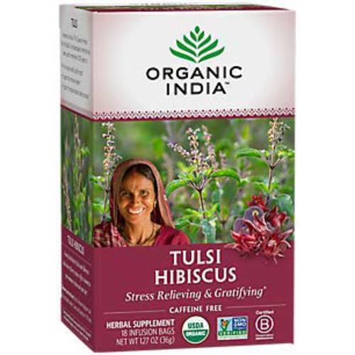 Organic India Tulsi Hibiscus Herbal Tea - Stress Relieving & Gratifying, Immune Support, Adaptogen, Vegan, USDA Certified Organic, Non-GMO, Calming, Caffeine-Free - 18 Infusion Bags, 1 Pack