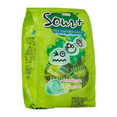 2-Pack / Malaysia Brand / Lot 100 Sour + / Apple Flavored Gummy / Soft Chewy Fruit Flavored Candy / Refreshingly Sour / Sweet Flavor With Tart Edge / 100g/pack