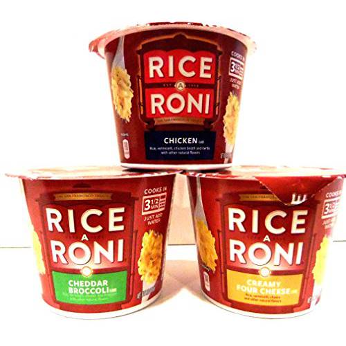 Rice A Roni Single Serve Microwaveable Cups VARIETY 12 PACK + FREE Pack of Heavy Duty Plastic Utensils. 4 Cups each of CHICKEN, CREAMY FOUR CHEESE, CHEDDAR BROCCOLI.