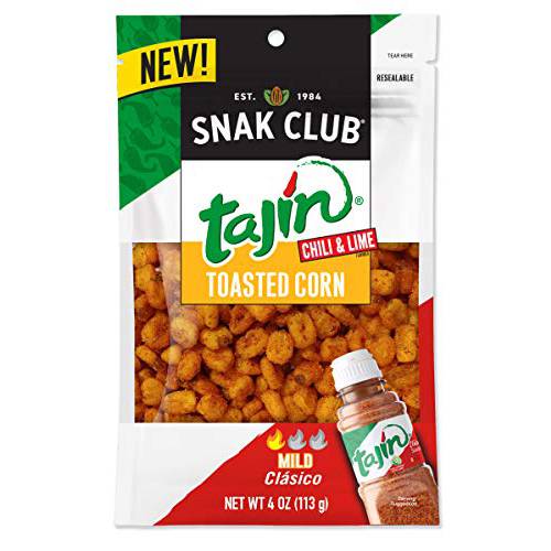 Snak Club Toasted Corn, Tajin Clasico Chili & Lime Flavored, Crunchy, Flavorful Low-Cholesterol Snacks in Resealable Bag, 4oz (Pack of 6)
