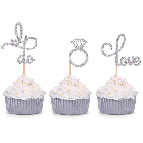 Set of 24 Silver Glitter Love Diamond Ring I Do Cupcake Toppers for Wedding Bridal Shower Engagement Party Picks