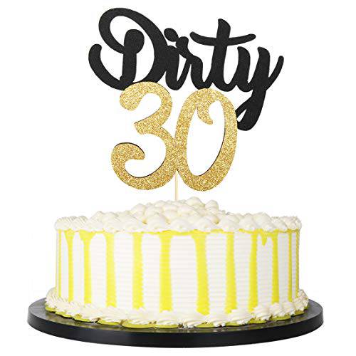 PALASASA Black Gold Glitter Dirty 30 Cake Topper , Thirty Sign , Happy 30th Birthday Party Decorations (Black)