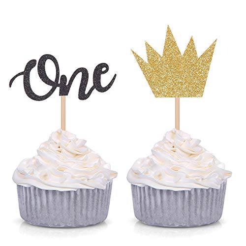 24 Counts Wild ONE Cupcake toppers - Boy First Birthday Party Decorations - Gold Crown and Black One Picks