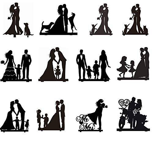 Wedding Anniverary Cake Topper Silhouette Bride Groom with 2 Dogs (Black)