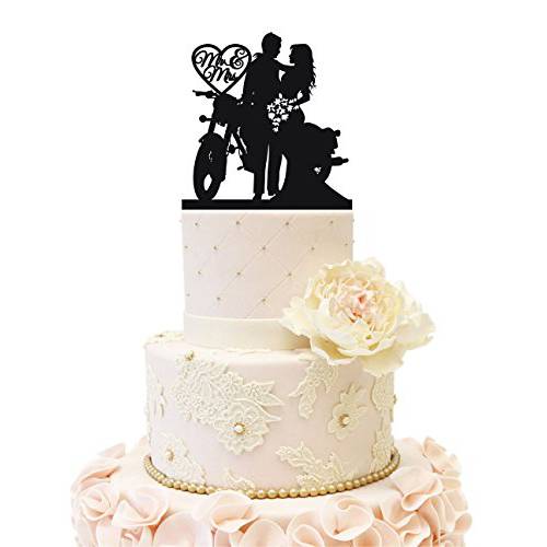 Motorcycle Funny Wedding Cake Topper Mr Mrs Bride Groom with Motorbike (Black)