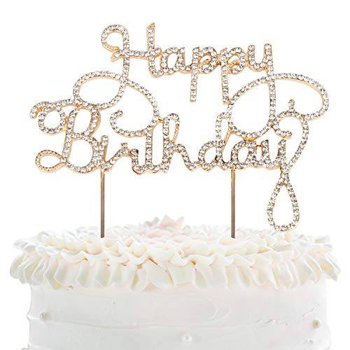 LINGTEER Happy Birthday Gold Rhinestone Cake Topper Perfect for Birthday Gift Keepsake Party Decorations Sign.