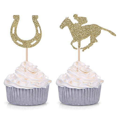 24 Kentucky Derby Cupcake Toppers Equestrian Horse Theme Party Picks Gold Glitter Party Supply