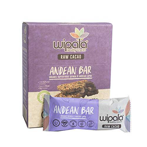 Wipala Raw Cacao Protein Bars Healthy Snack Energy Bar Quinoa and Andean Lupin Snack Bars, Sugar Free, Vegan, Gluten Free, and Non-GMO| 12 Cacao Bars Pack (Raw Cacao)
