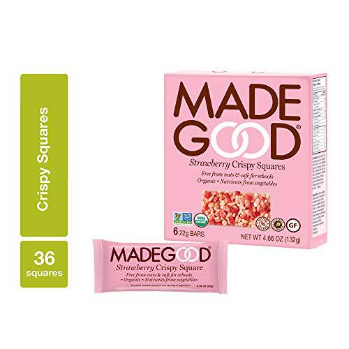 MadeGood Strawberry Crispy Squares, 6 Pack (36 count) Crunchy Rice with Sweet Strawberry Contains Nutrients of One Full Serving of Vegetables Gluten-Free, Nut-Free, Organic, Vegan, Non-GMO Treat