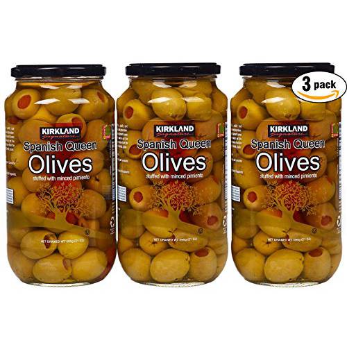 Kirkland Signature Spanish Queen Olives Stuffed With Minced Pimiento, 21oz Glass Jar (Pack of 3, Total of 63 Oz)