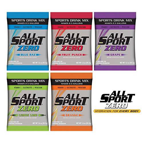 All Sport Zero Powder Packs, No Sugar, Added Potassium and Vitamin C, Zero Calories, 2.5 Gallon Yield/Pack, 5 Flavors, Case of 30 Packs
