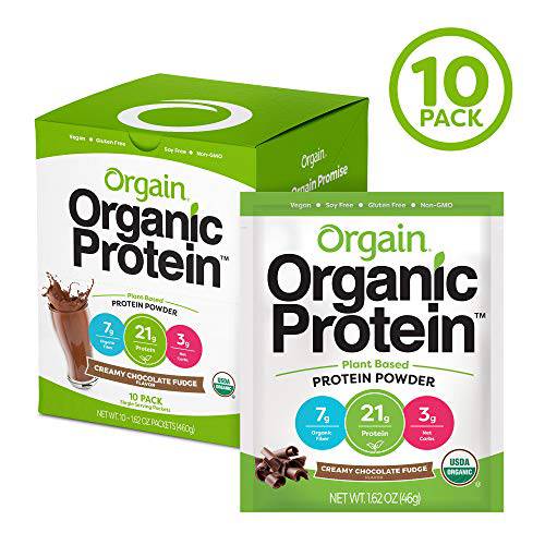 Orgain Organic Plant Based Protein Powder Travel Pack, Creamy Chocolate Fudge - Vegan, Low Net Carbs, Non Dairy, Gluten Free, Lactose Free, No Sugar Added, Soy Free, 10 Count (Packaging May Vary)