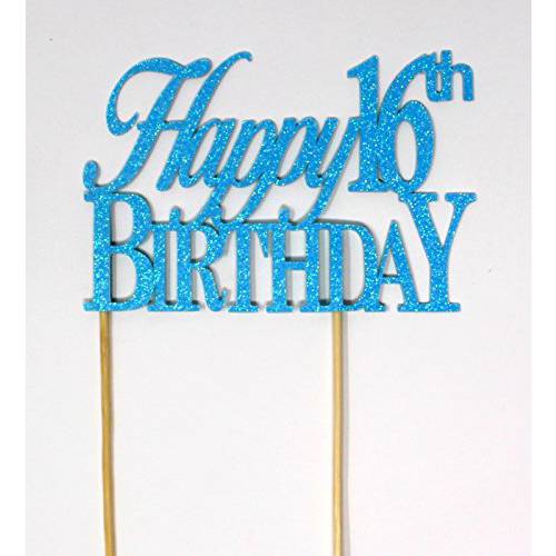 All About Details Happy 16th Cake, 1pc, Birthday Celebrations, Party Decor, Topper (Glitter Pastel Blue), 6 x 8