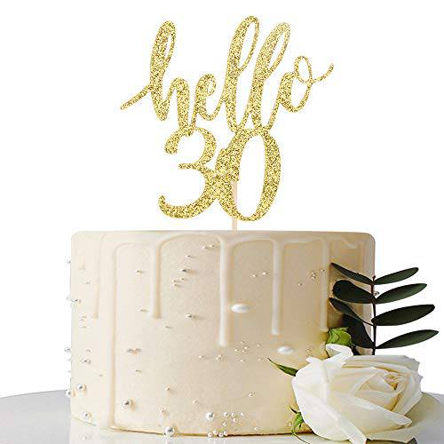 Hello 30 Cake Topper - 30th Birthday / 30th Anniversary Party Cake Decoration, 30th Birthday / 30th Anniversary Party Decorations Supplies (Gold, Hello 30)