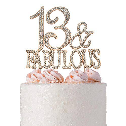 13 Cake Topper - Premium Rose Gold Metal - 13 & Fabulous - 13th Birthday Party Sparkly Rhinestone Decoration Makes a Great Centerpiece - Now Protected in a Box