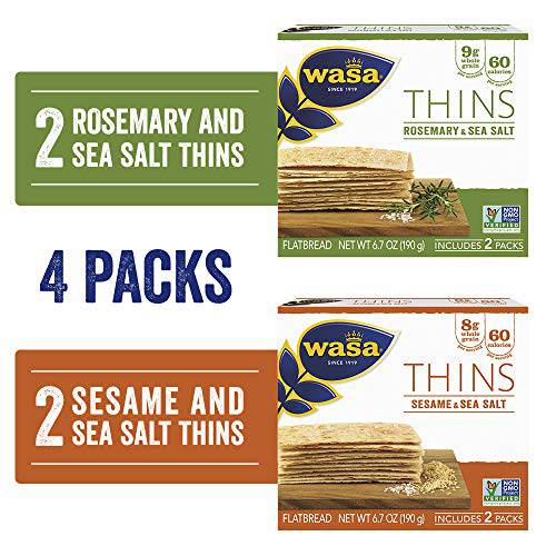 Wasa Thins Flatbread Crackers Variety 4 Pack, Rosemary & Sea Salt (Pack Of 2) & Sesame & Sea Salt (Pack Of 2), No Saturated Fat (1.5g - 2.0g Total Fat) & 0g of Trans Fat, No Cholesterol, 2.4 Lb