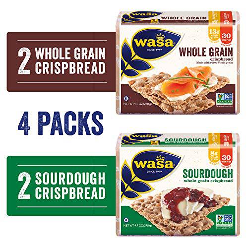 Wasa Swedish Crispbread, All-Natural Crackers, Fat Free, No Saturated Fat, 0g of Trans Fat, No Cholesterol, Kosher Certified, 3 Lb, Variety Pack (2 Sourdough, 2 Whole Grain)
