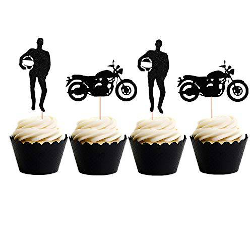 LaVenty Set of 24 Black Motorcycle Cupcake Toppers Scooter Cake Decoration Motorcycle Themed Cupcake Toppers for Man’s or Boy’s Birthday Party Decoration