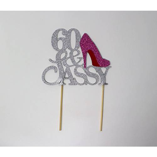 All About Details CAT60SASPI 60 & Sassy Cake Topper (Silver & Pink), 6in wide and 5in tall with 2-pcs of 4in wood skewers