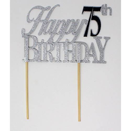All About Details Happy Topper,1pc, 75th Birthday, Cake, Party Decor (Silver & Black), 6x8