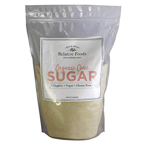 Relative Foods USDA organic cane sugar, 5 pounds, packaged in our gluten free, allergen free facility. Heavy duty stand up pouch with resealable zipper.