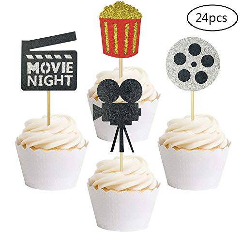 24 PCS Movie Night Cupcake Toppers Dessert Cupcake Toppers Hollywood Party Clear Treat Picks