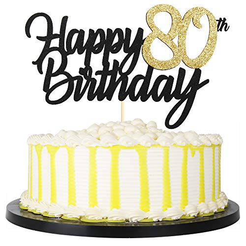PALASASA Black Gold Glitter Happy Birthday cake topper - 80 Anniversary/Birthday Cake Topper Party Decoration (80th)