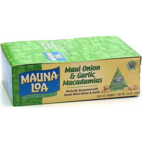 Mauna Loa Premium Hawaiian Roasted Macadamia Nuts, Maui Onion Garlic Flavor, .5 Oz Pouches (Pack of 24)
