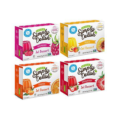 Simply Delish Plant Based Natural Variety Bundle Jel Dessert – 4 Pack (1) of Raspberry, Peach, Strawberry, and Orange – Zero Sugar, 0g Net Carbs, Gluten Free, Vegan, Diabetic & Allergen Free