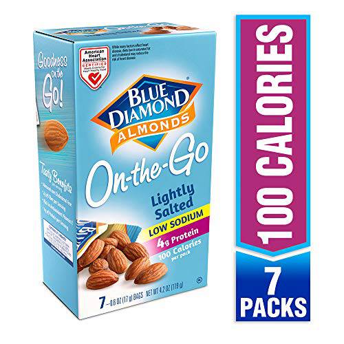 Blue Diamond Almonds, Low Sodium Lightly Salted, 100 Calorie On-The-Go Bags, 0.6 Ounce (Pack of 7)