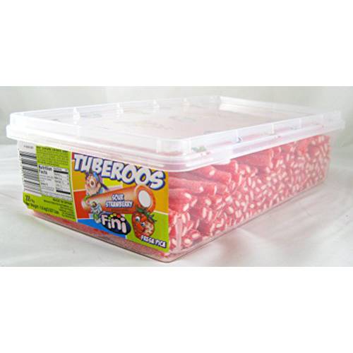 Tuberoos Red Color White Fondant Filled Sour Licorice Sticks, Strawberry Artificially Flavor. - 200 Pieces Tub