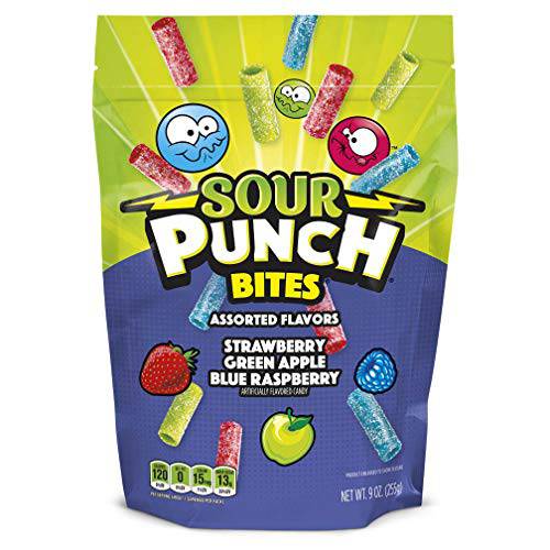 Sour Punch Bites, Blue Raspberry, Apple & Strawberry Flavors, Soft & Chewy Candy, 9oz Bag (12 Pack)