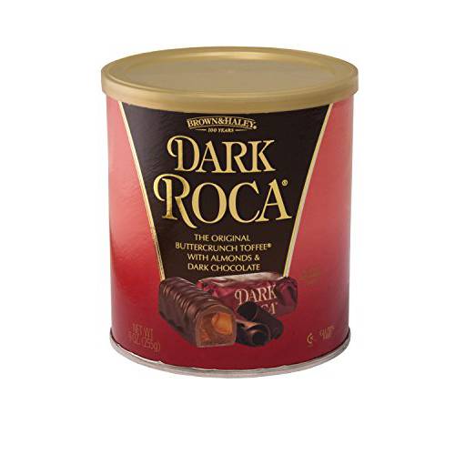 Brown & Haley Almond DARK ROCA Canister, Individually Wrapped Dark Chocolate Candy, Buttercrunch Toffee with Almonds Covered in Dark Chocolate, 10 Ounces (Pack of 1)